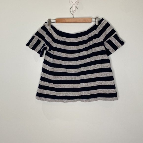 Madewell Women Gray Navy Off Shoulder Large Striped Cotton Ribbed Top Size Large - Picture 5 of 10